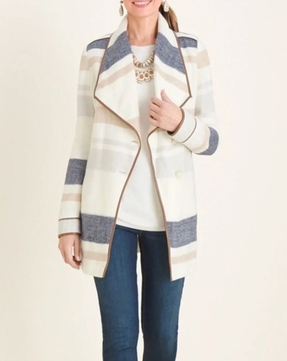 Chico's Women's Plush Stripped Blanket Coat Casual Cabincore Chic Size 3 (16/18)